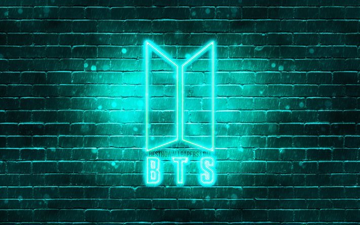 BTS turquoise logo, 4k, Bangtan Boys, turquoise brickwall, BTS logo, korean band, BTS neon logo, BTS