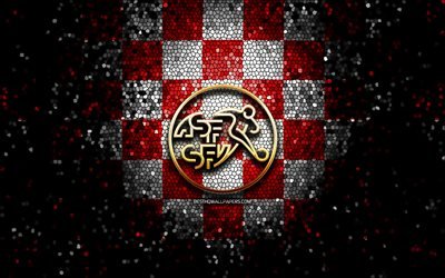 Swiss football team, glitter logo, UEFA, Europe, red white checkered background, mosaic art, soccer, Switzerland National Football Team, SFA logo, football, Switzerland