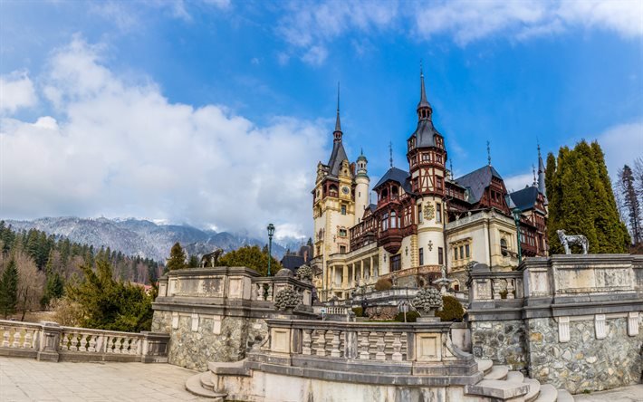 Peles Castle, Prahova County, Romania, beautiful castle, mountain landscape, castles of Romania, Carpathian Mountains