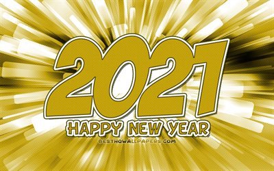 Happy New Year 2021, 4k, yellow abstract rays, 2021 new year, 2021 yellow digits, 2021 concepts, 2021 on yellow background, 2021 year digits