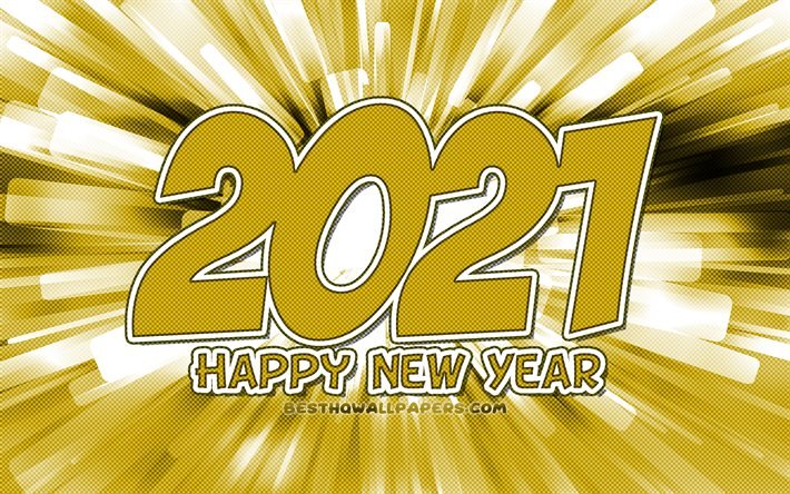 Felice anno nuovo 2021, 4K, raggi astratti gialli, 2021 anno nuovo, 2021 cifre gialle, 2021 concetti, 2021 su sfondo giallo, 2021 cifre anno