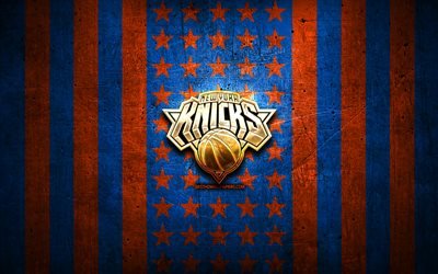 New York Knicks-lippu, NBA, oranssi sininen metallitausta, amerikkalainen koripalloseura, New York Knicks-logo, USA, koripallo, kultainen logo, New York Knicks, NY Knicks