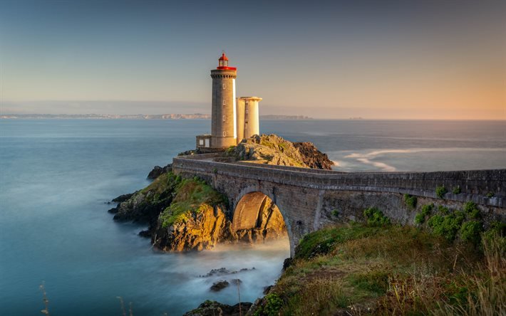 Phare du Petit Minou, Petit Minou Deniz Feneri, sahil, akşam, g&#252;n batımı, deniz feneri, Brest, Fransa