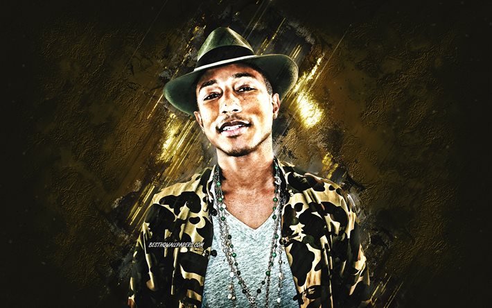 Pharrell Williams, american rapper, portrait, american singer, golden stone background