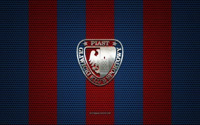 Logo Piast Gliwice, squadra di calcio polacca, emblema in metallo, sfondo rosso blu in rete metallica, Piast Gliwice, Ekstraklasa, Gliwice, Polonia, calcio