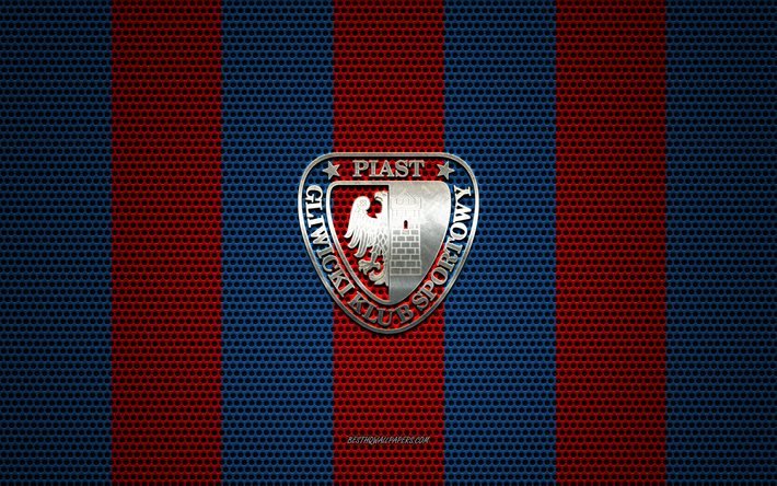 Piast Gliwice logosu, Polonya futbol kul&#252;b&#252;, metal amblem, kırmızı mavi metal &#246;rg&#252; arka plan, Piast Gliwice, Ekstraklasa, Gliwice, Polonya, futbol