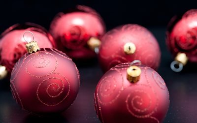 palle di natale viola, 4k, decorazioni natalizie, macro, concetti natalizi, felice anno nuovo, palle di Natale