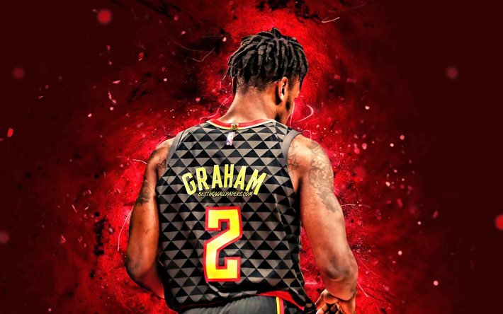 Treveon Graham, 2020, 4k, vista posteriore, Atlanta Hawks, NBA, basket, luci al neon rosse, Treveon Graham Atlanta Hawks, Treveon Graham 4K