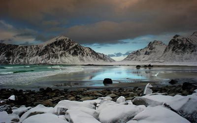 north, winter, lake, mountains, night, snow