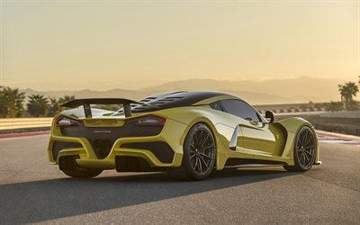 Hennessey Venom, 2019, hypercar, vista posterior, coche deportivo, amarillo Venom F5, Hennessey