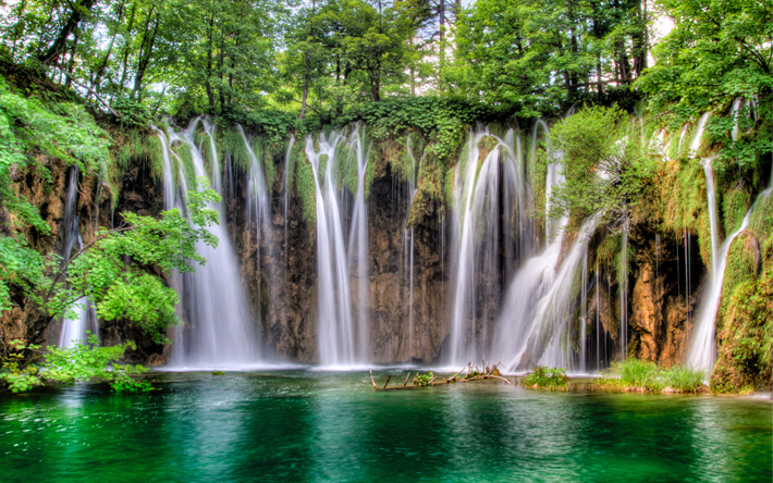 クロアチア, 4k, 滝, Plitvice湖国立公園, 森林, 湖, 夏, 山々