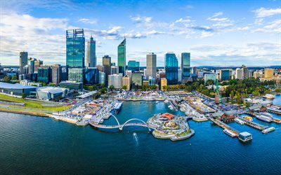 Perth, 4k, Elizabeth Quay, skyscrapers, business center, modern architecture, bay, yachts, Australia
