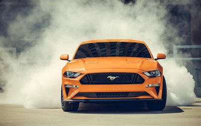 Ford Mustang, 4k, 2018 cars, smoke, supercars, orange Mustang, parking, Ford