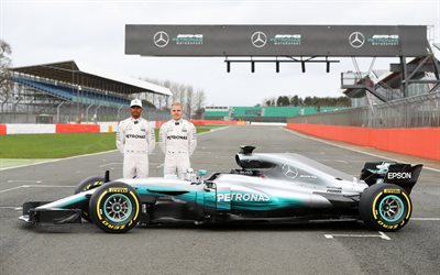 Mercedes AMG Petronas Motorsport, Formula 1, team, 4k, Lewis Hamilton, Valtteri Bottas  Mercedes AMG F1 W08