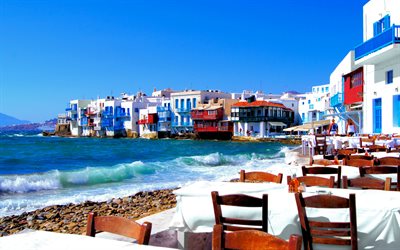 4k, Mykonos, coast, cafe, summer, sea, Mykonos island, Greece