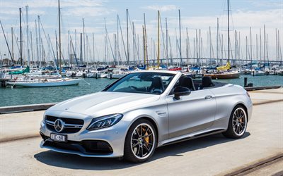 Mercedes-C63S AMG Cabriolet, 2019, Mercedes-Benz C-Class, 4k, de l&#39;argent cabriolet, des yachts, des bateaux, des voitures de luxe, Mercedes