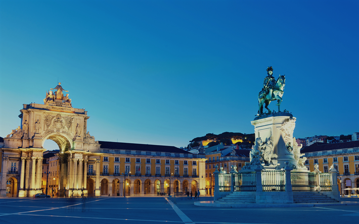 Lisbona, Piazza del Commercio, 4k, la Piazza del Palazzo, la statua Equestre di Jos&#233; I, Portogallo
