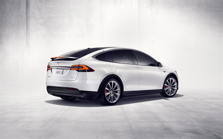 Tesla Model X, 2017, 4k, arkadan g&#246;r&#252;n&#252;m, beyaz elektrikli crossover, elektrikli arabalar, Amerikan arabaları, Tesla