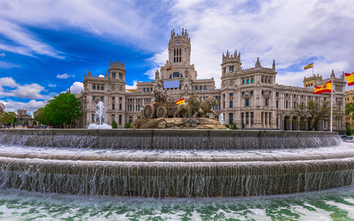 Plaza de la Cibeles, Madrid, Spanien, font&#228;nen, Spanska flaggan, torget, Madrid sev&#228;rdheter