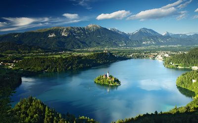 O Lago De Bled, 4k, ver&#227;o, floresta, Eslov&#233;nia, Europa