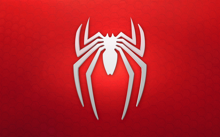 Homem-aranha logotipo, 4k, fundo vermelho, super-her&#243;i, Homem-aranha