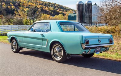 Ford Mustang, 4k, 1966 cars, retro cars, blue Mustang, road, Ford