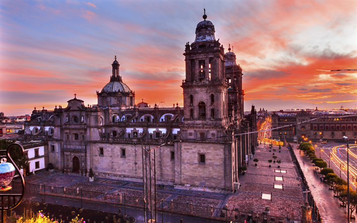 Metropolitan Cathedral, Mexico City, Zocalo, 4k, Mexico, sunset, Mexico City landmarks, evening