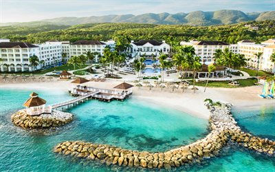 Montego Bay, Jamaica, Caribbean Sea, coast, 4k, St James, resort, beach, palm, sea