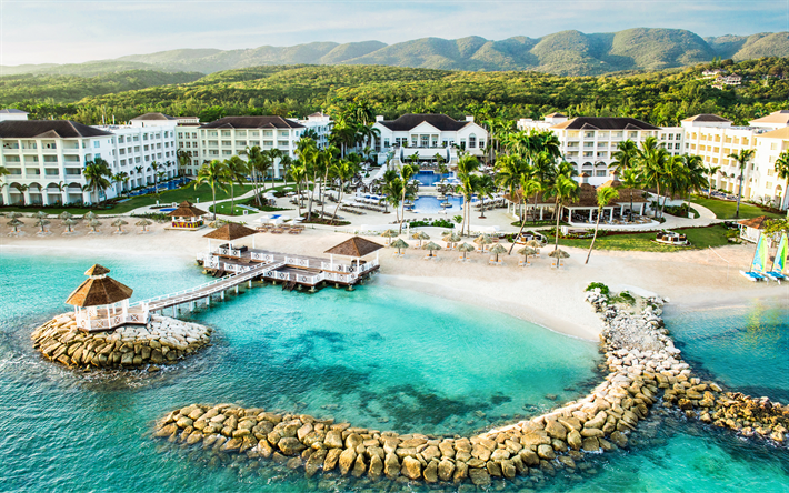 Montego Bay, Jamaika, Karayipler, sahil, 4k, St James, resort, beach, palm, deniz