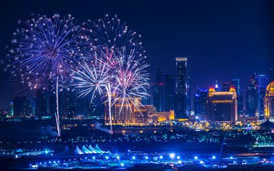 Doha, fuochi d'artificio, 4k, paesaggi notturni, grattacieli, Qatar