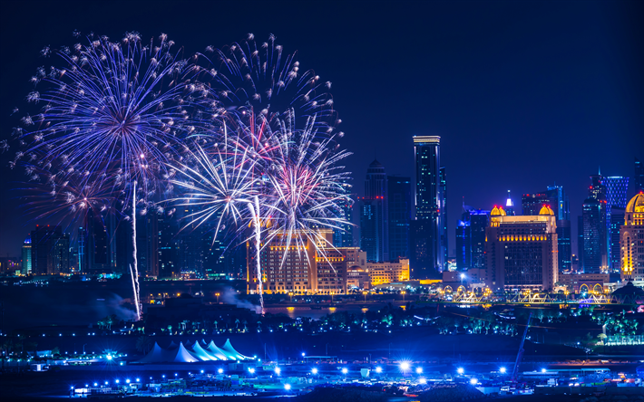 Doha, fuegos artificiales, 4k, paisajes nocturnos, rascacielos, Qatar