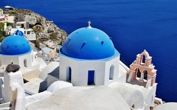 Oia, 4k, il Mar Egeo, Santorini, luoghi romantici, Grecia, Egeo Meridionale, isole di Thira