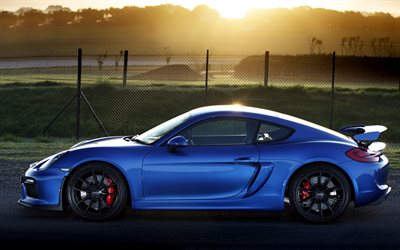 Porsche Cayman GT4, vue de c&#244;t&#233;, 4k, coup&#233; sport, bleu Cayman GT4, voitures allemandes, Porsche