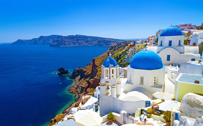 Ege Denizi, 4k, romantik bir yer, yaz, tatil, Santorini, Cyclades Adaları, Yunanistan