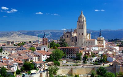 Segovia Katedralen, 4k, Katolska katedralen, sommar, Gotisk arkitektur, Segovia, Spanien, sev&#228;rdheter