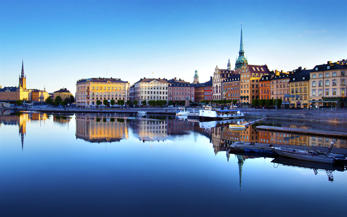 Estocolmo, Suecia, 4k, por la noche, terrapl&#233;n, la capital de Suecia