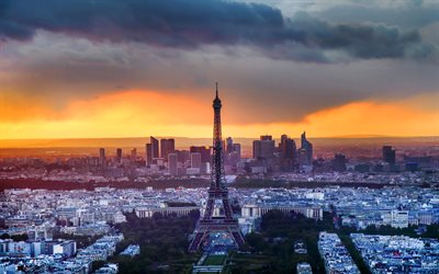 4k, Eiffeltornet, sunset, Europa, Paris, Frankrike, franska landm&#228;rken