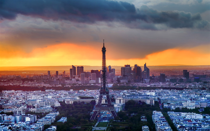 4k, Torre Eiffel, p&#244;r do sol, Europa, Paris, Fran&#231;a, franc&#234;s marcos