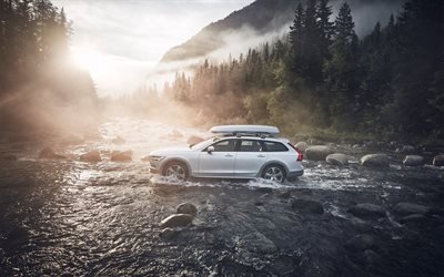 Volvo V90 Cross Country, 2017, 4k, morning, forest, off-road, mountain landscape, Volvo
