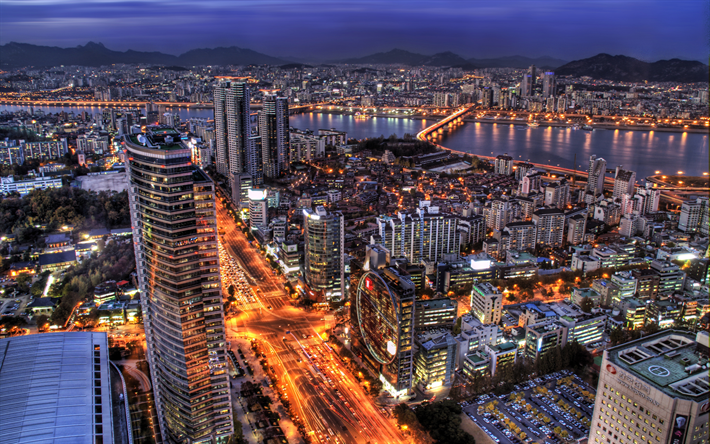 Se&#250;l, 4k, noche, rascacielos, Corea del Sur, edificios modernos
