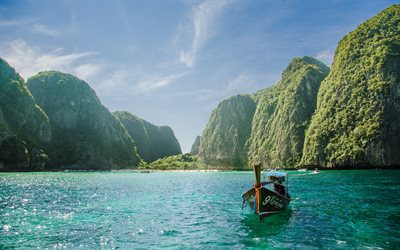 Tayland, okyanus Ko Samui, tropik ada, Phuket, 4k, tekne, plaj, kayalar, K&#246;rfez