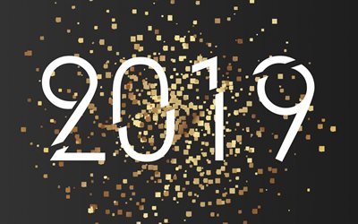 2019 year, gold numbers, glittering style, gray background, gold, 2019 concepts, New Year