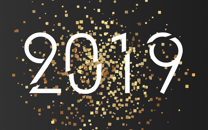 2019 o ano, n&#250;meros em ouro, brilhante estilo, plano de fundo cinza, ouro, 2019 conceitos, Ano Novo