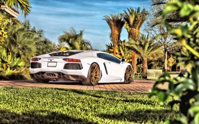 Lamborghini Aventador, 2018, white supercar, gold wheels, tuning Aventador, new white Aventador, Italian sports cars, Lamborghini