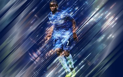 NGolo Kante, 4k, arte creativo, hojas de estilo, futbolista franc&#233;s, el Chelsea FC de la Premier League, Inglaterra, creativo azul de fondo, el f&#250;tbol, el Chelsea