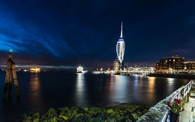 Portsmouth, liman, gece, şehir ışıkları, İngiltere, İNGİLTERE, Hampshire, Te Haven