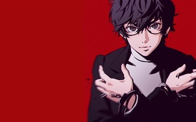 Persona 5, main characters, red background, japanese anime, characters
