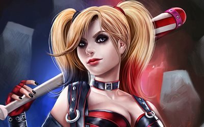 Harley Quinn, artwork, close-up, supervillain, DC Comics