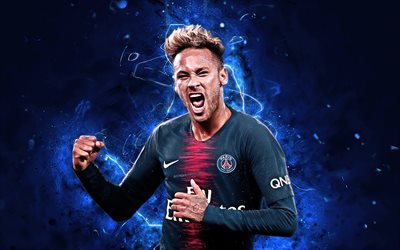 Neymar JR, m&#229;l, brasiliansk fotbollsspelare, anfallare, PSG FC, Liga 1, svart uniform, fotboll stj&#228;rnor, Paris Saint-Germain, Neymar, neon lights, fotboll