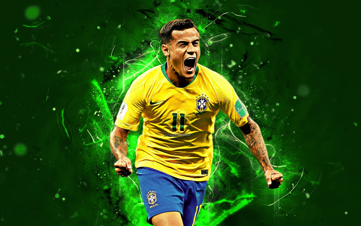 Coutinho, goal, striker, Brazil National Team, fan art, Philippe Coutinho, soccer, footballers, neon lights, football stars, abstract art, Brazilian football team